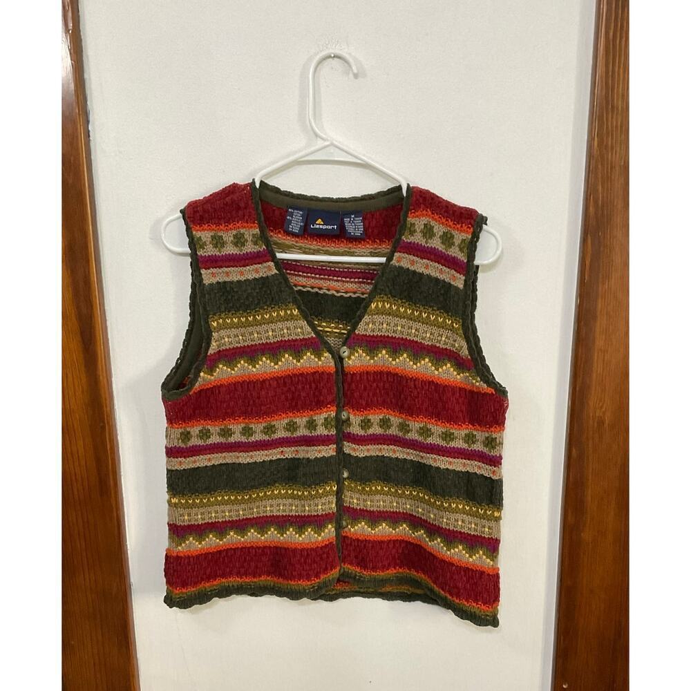 VTG Lizsport Chenille Knit Sweater Vest Stripes 3D Earthy V Neck Buttons Medium - Picture 7 of 7